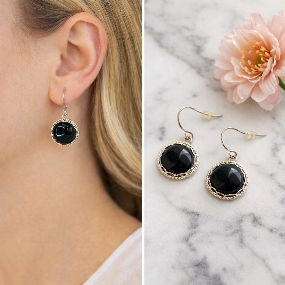 Black Onyx Style Dangle Earrings | Silver Tone | Minimalist Classic